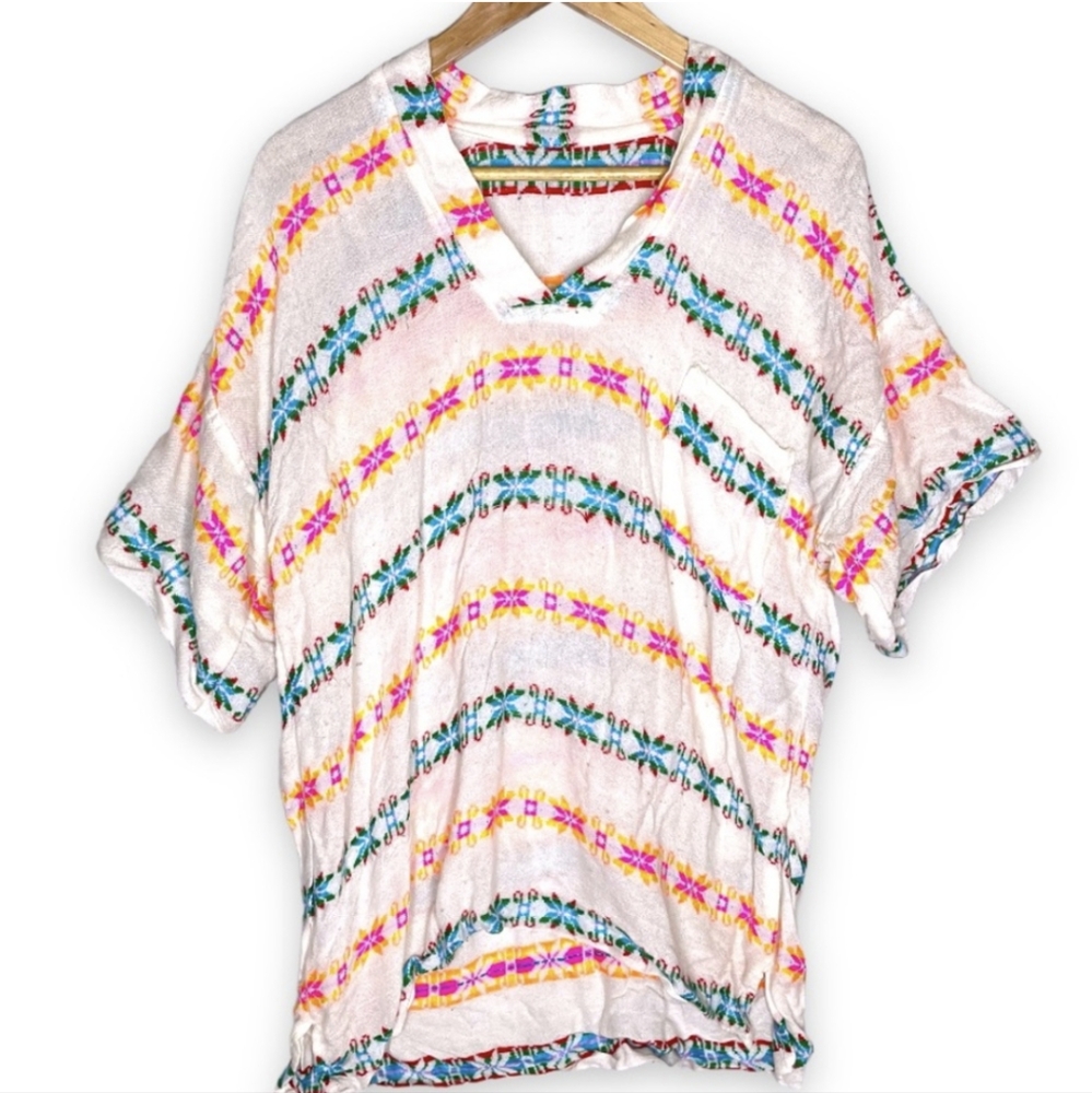 VINTAGE 70s Retro Woven Embroidered Tunic Sz L